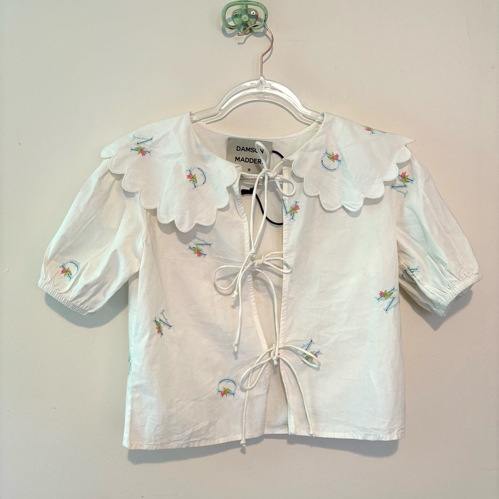 Damson Madder Maggie embroidered tie front scallop blouse - Picture 5 of 11